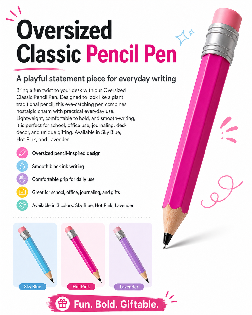Oversized Pencil Pen – 3D Printed Classic Pencil Inspired Writing Pen
